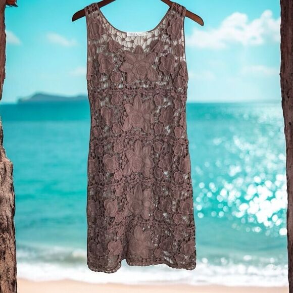 Solitare Swim Beach Coverup Vacation Dress Neutral Brown Crochet Lace Sz Small - Picture 1 of 13
